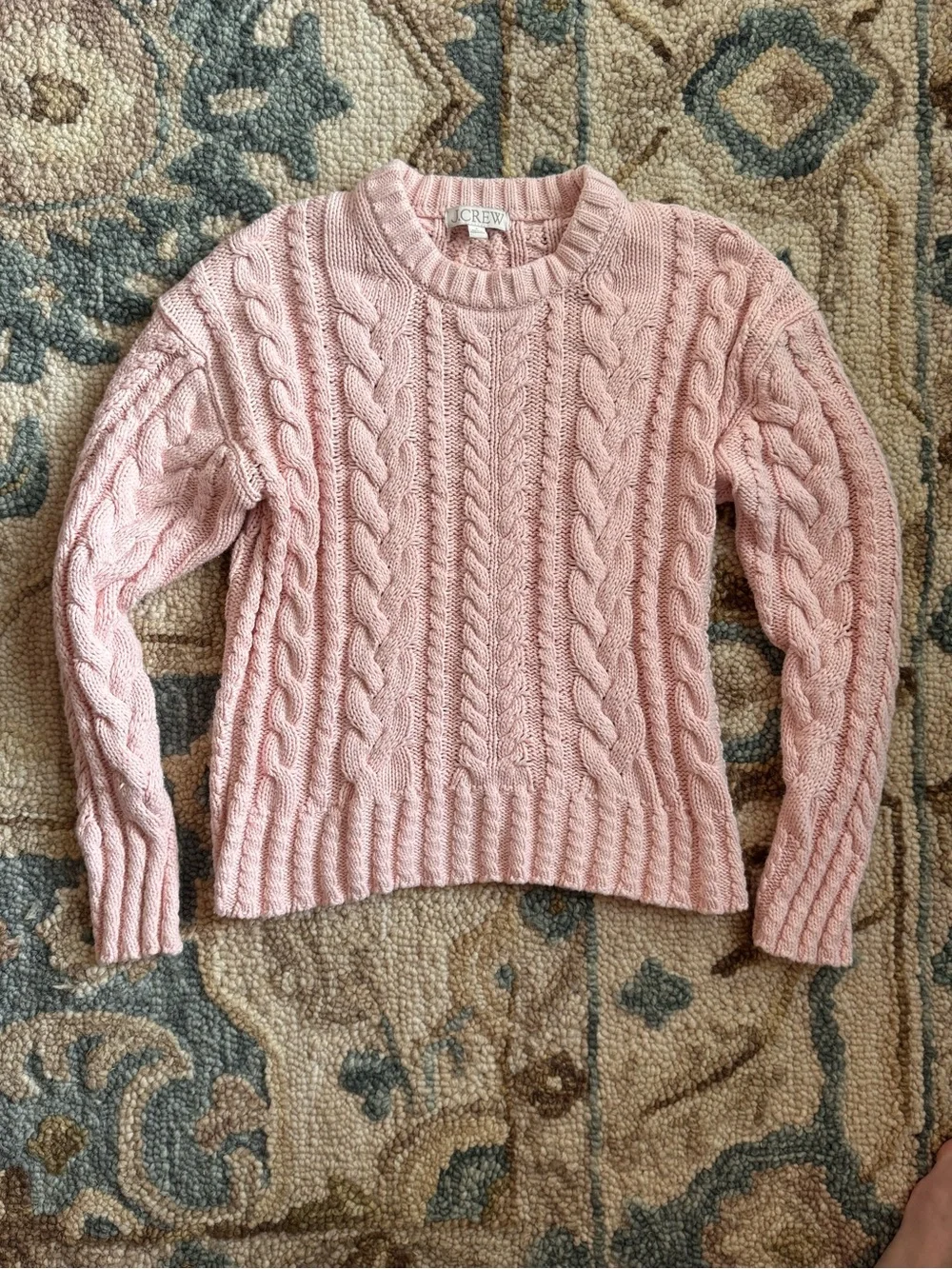 J. Crew Cable Knit Crewneck Sweater Delicate Bloom Pink 100% Cotton Small